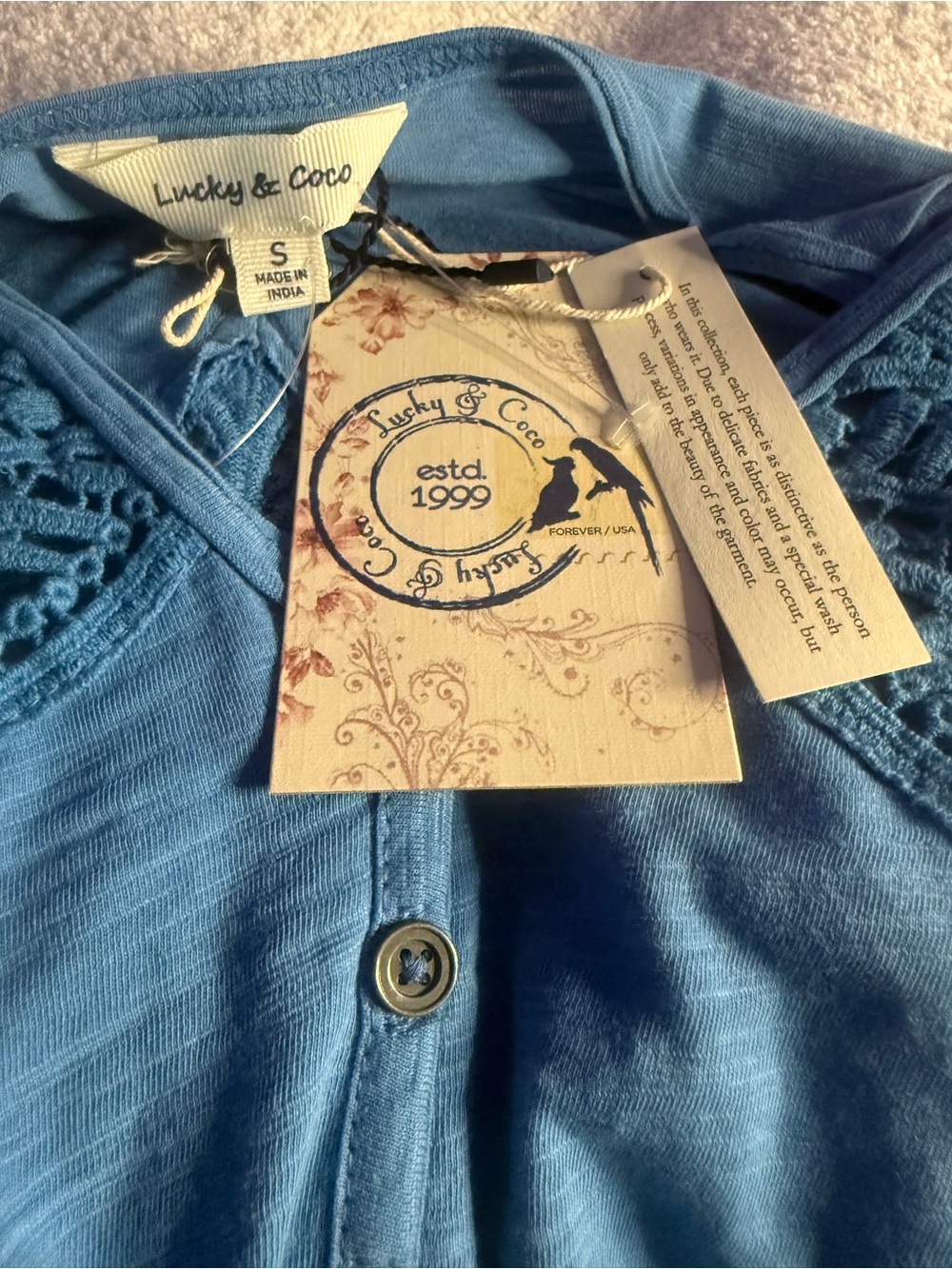 Lucky & CoCo Blue Crochet Lace Henley Top NWT Boho Slub Knit Long Sleeve Size S - Picture 5 of 7